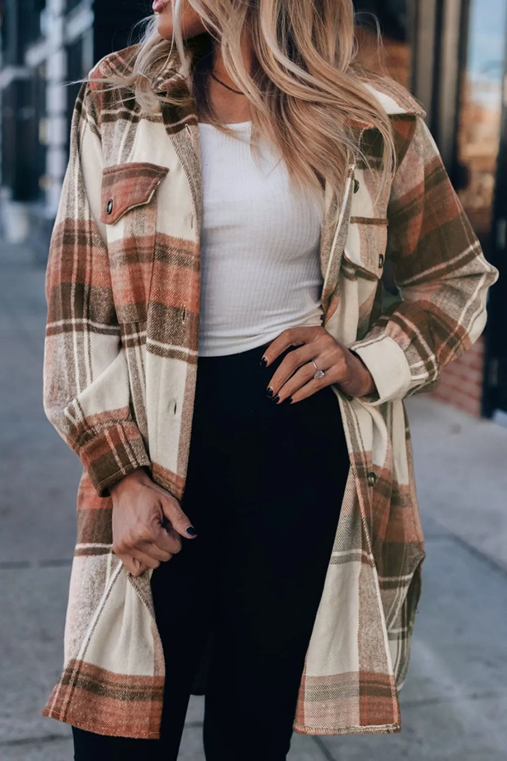 Longline plaid shacket with chest pockets and button-down front