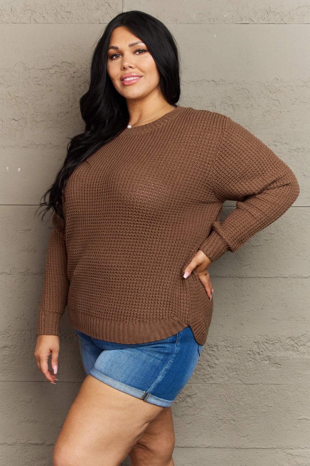 Front view of waffle knit long sleeve sweater with round neckline