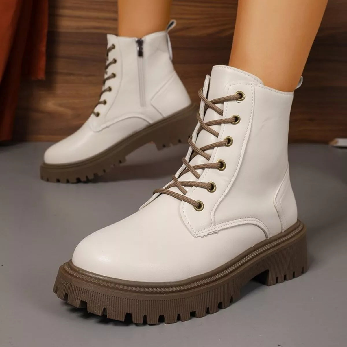 White lace up combat boots with PU leather and rubber sole