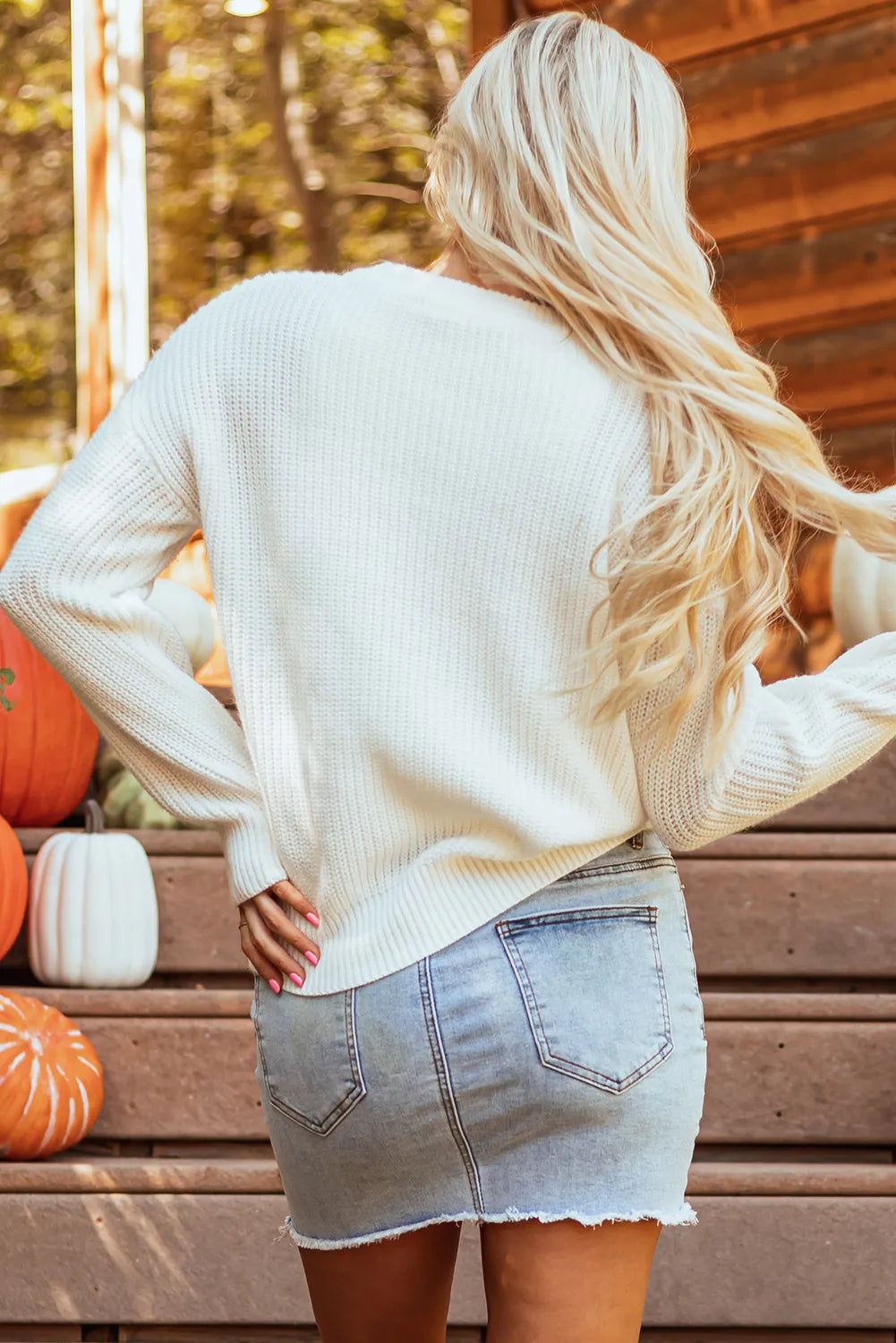 Back view of cozy pumpkin embroidery sweater for autumn layering