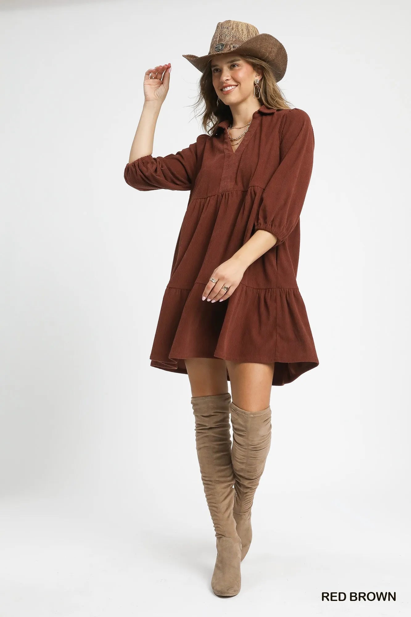 Brown corduroy tiered mini dress with balloon sleeves styled with hat