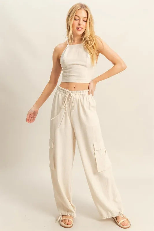 HYFVE two-piece set with crop top and wide-leg cargo pants in cream