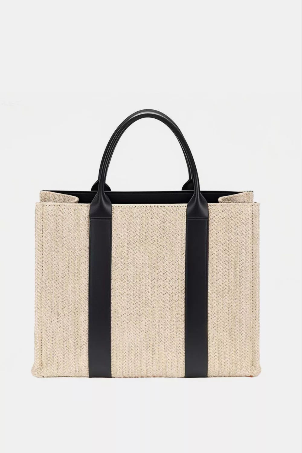 Back view of square woven handbag with black trim and straps