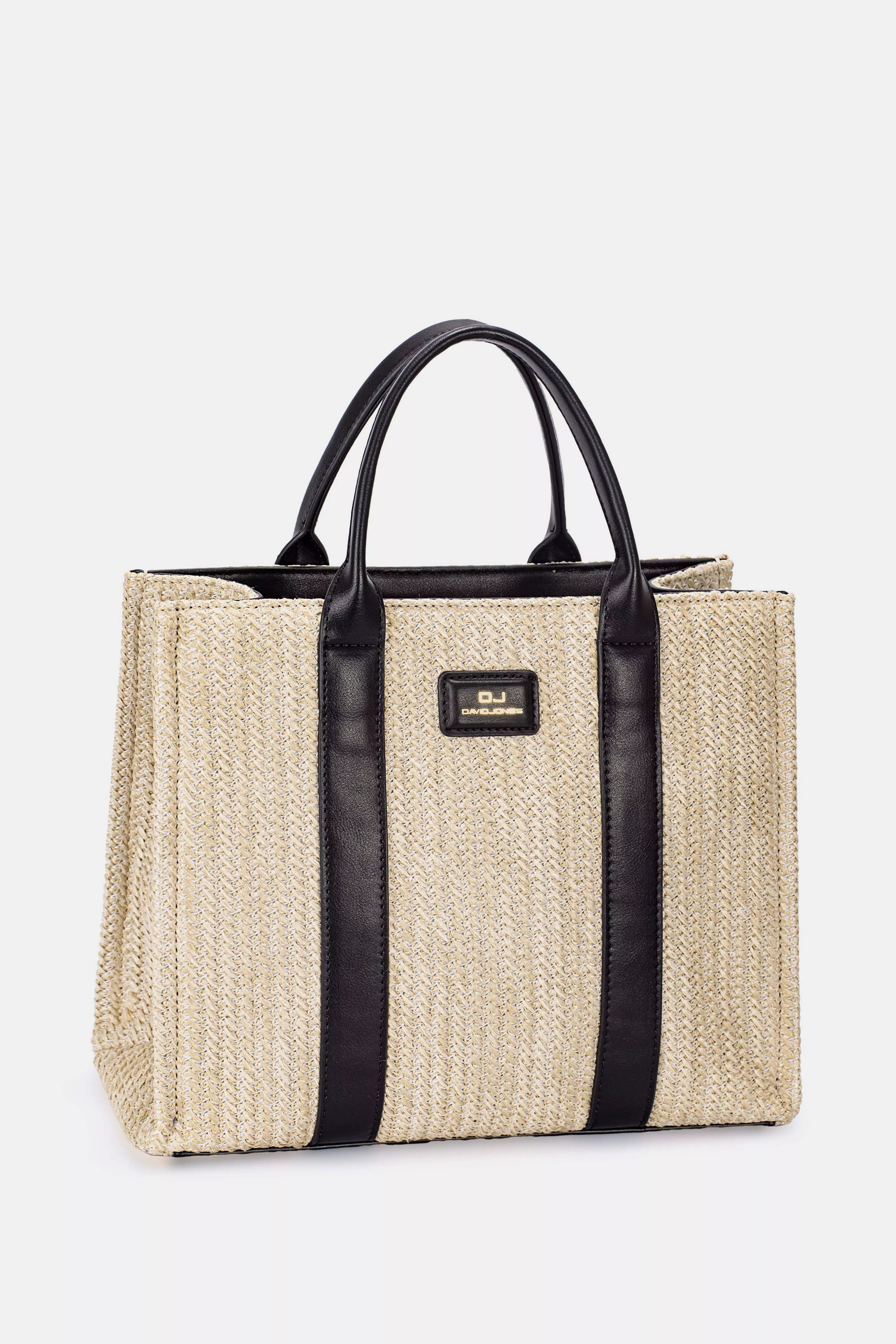 David Jones woven square tote handbag with black handles and trim
