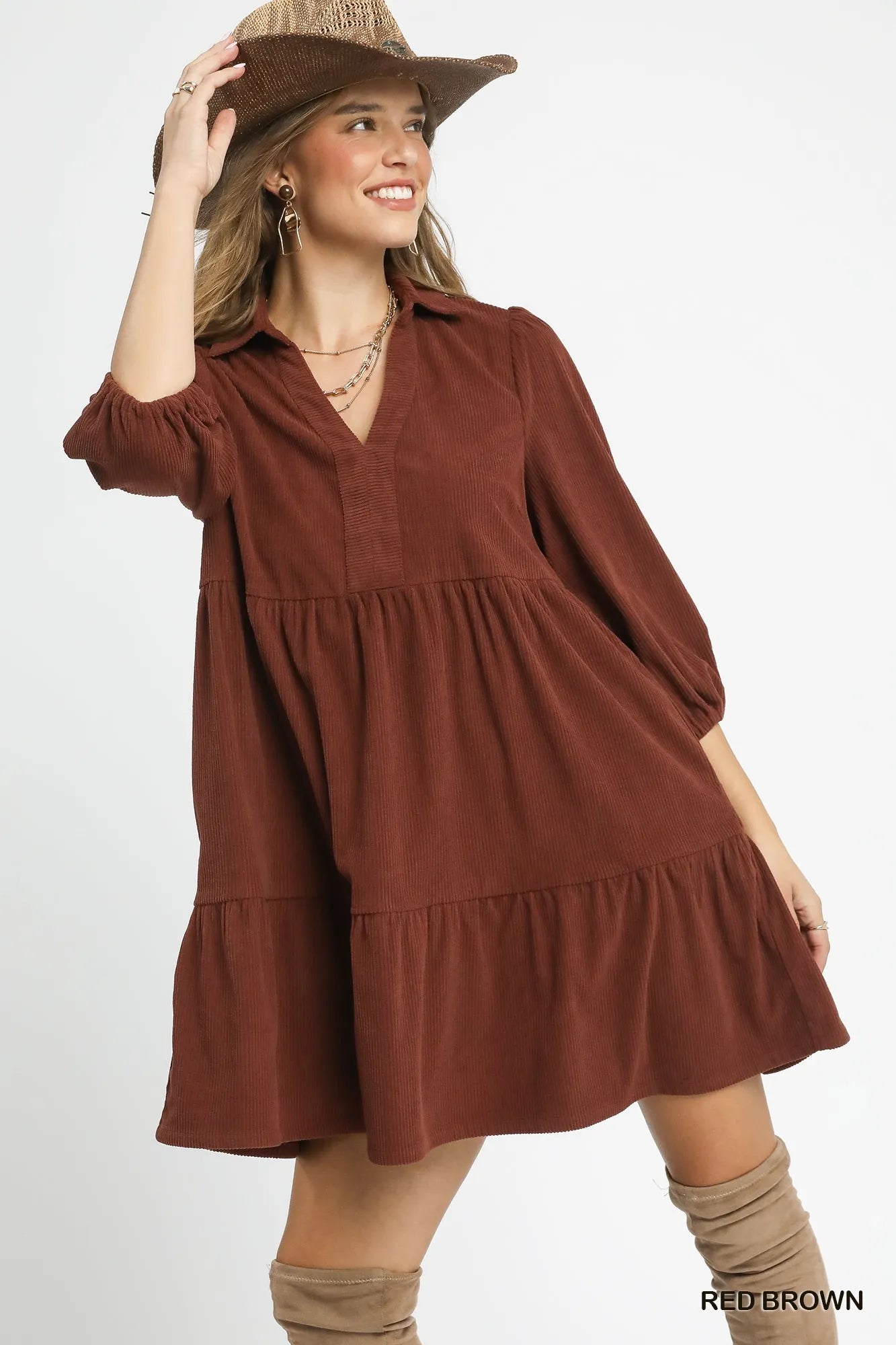 Brown corduroy mini dress with long balloon sleeves for fall outfits