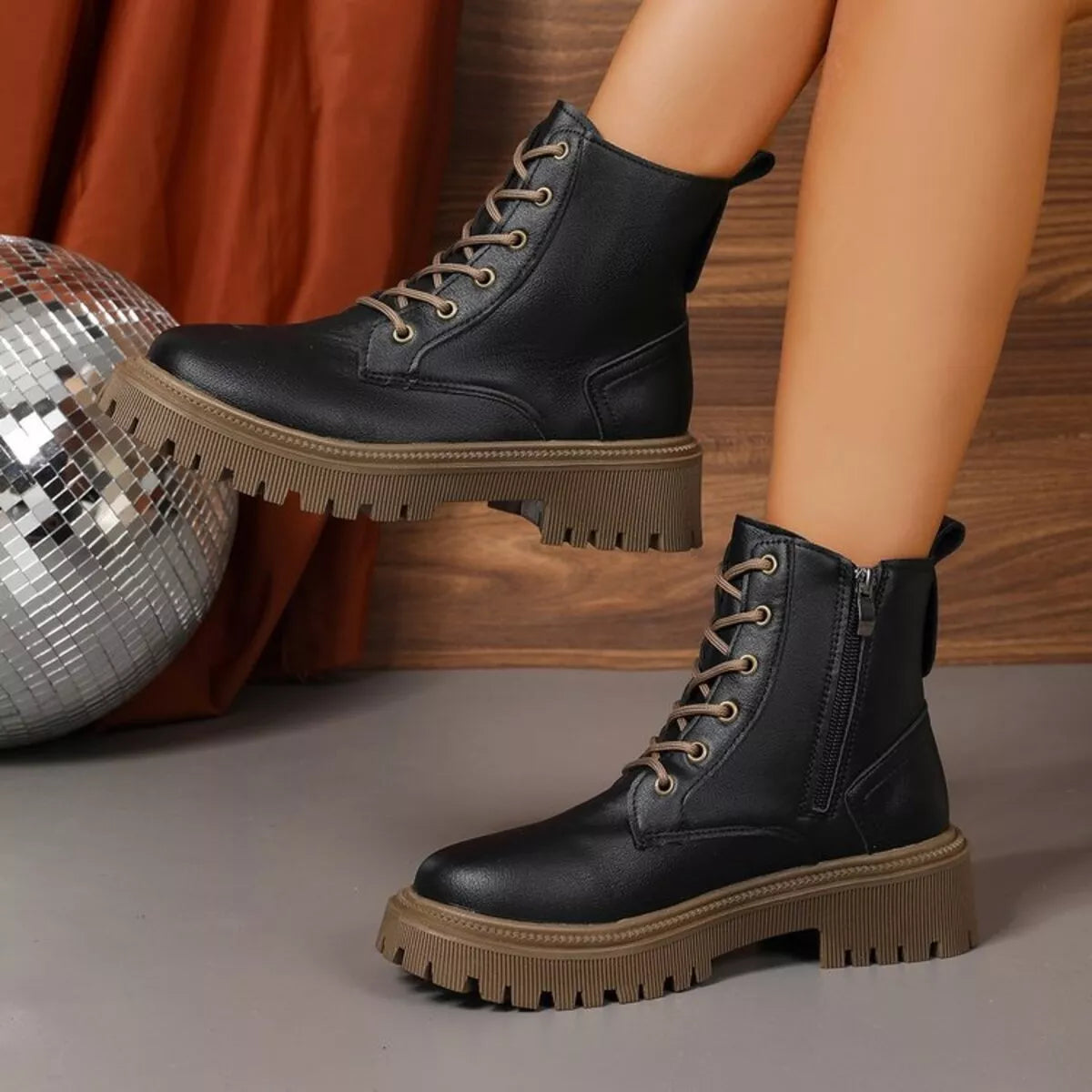 Back angle of mid-heel lace up PU leather boots