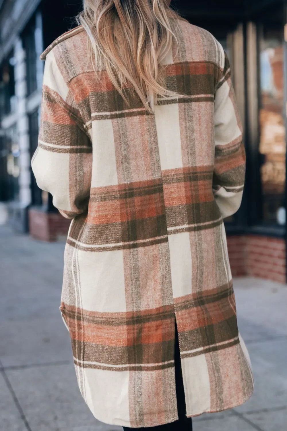 Back view of plaid cotton-blend shacket styled for layering