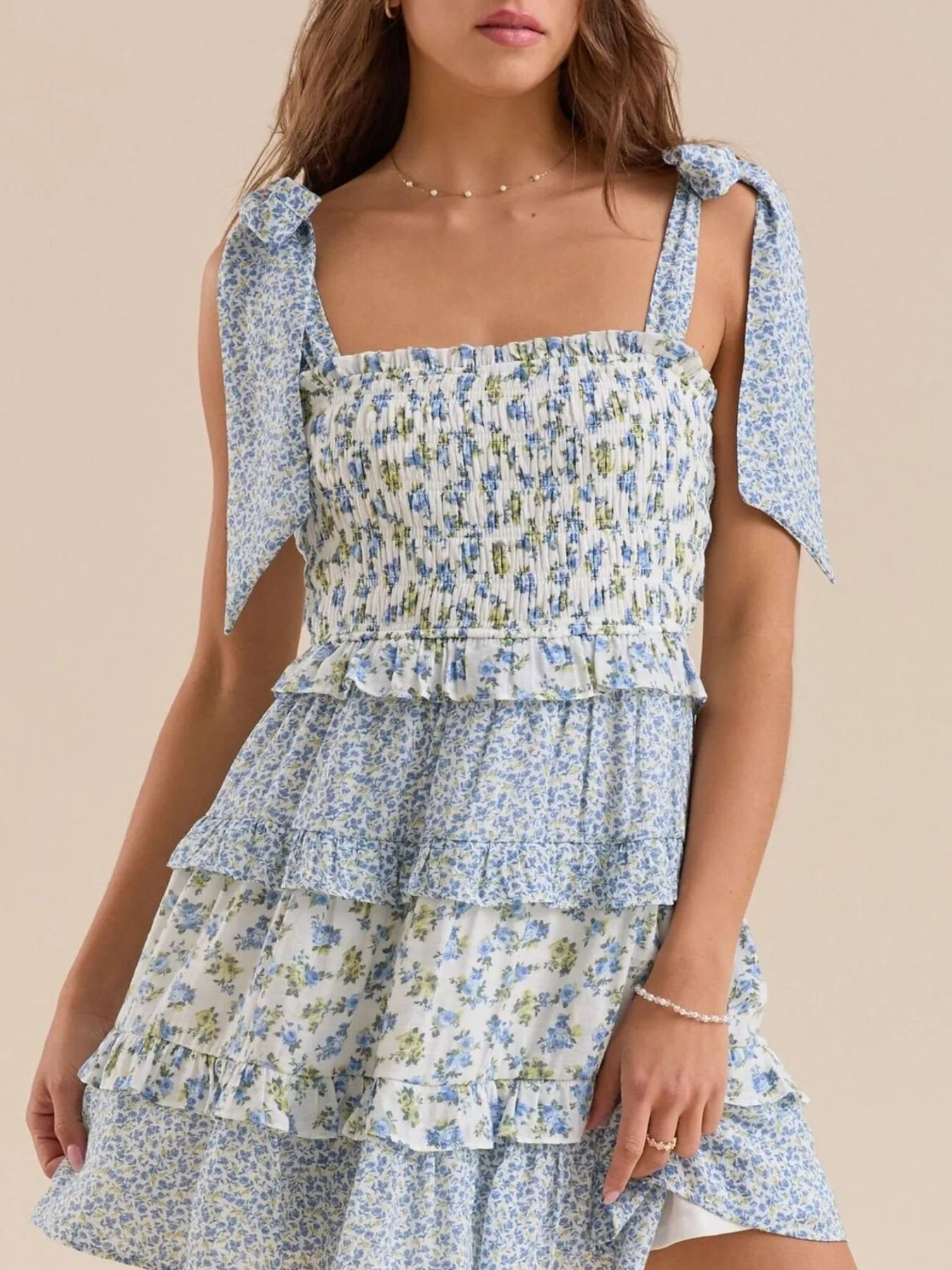 Light blue floral summer dress with smocked bodice & ruffle hem